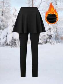 SHEIN Franclia 女士保暖内衬二合一打底裤裙，秋冬季 - 黑色 - 查看 6