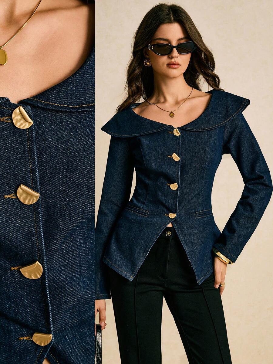 Poéselle Women's Fashion Front Button Denim Blouse Women Denim Tops Jackets For Women Casual Western Tops For Women Women Blazer Jacket Suit Jacket For Women Women Denim Jacket Denim Jackets For Women - Dark Wash - View 1