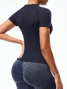 Seamluxe SHEIN Sport Women's Solid Color Minimalist Casual Round Neck Short Sleeve Sports T-Shirt - Black - View 4