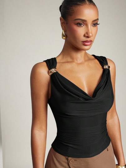 Hauture Women's Basic Casual Office Ruched Shoulder With Gold Decor Cowl Neck Top