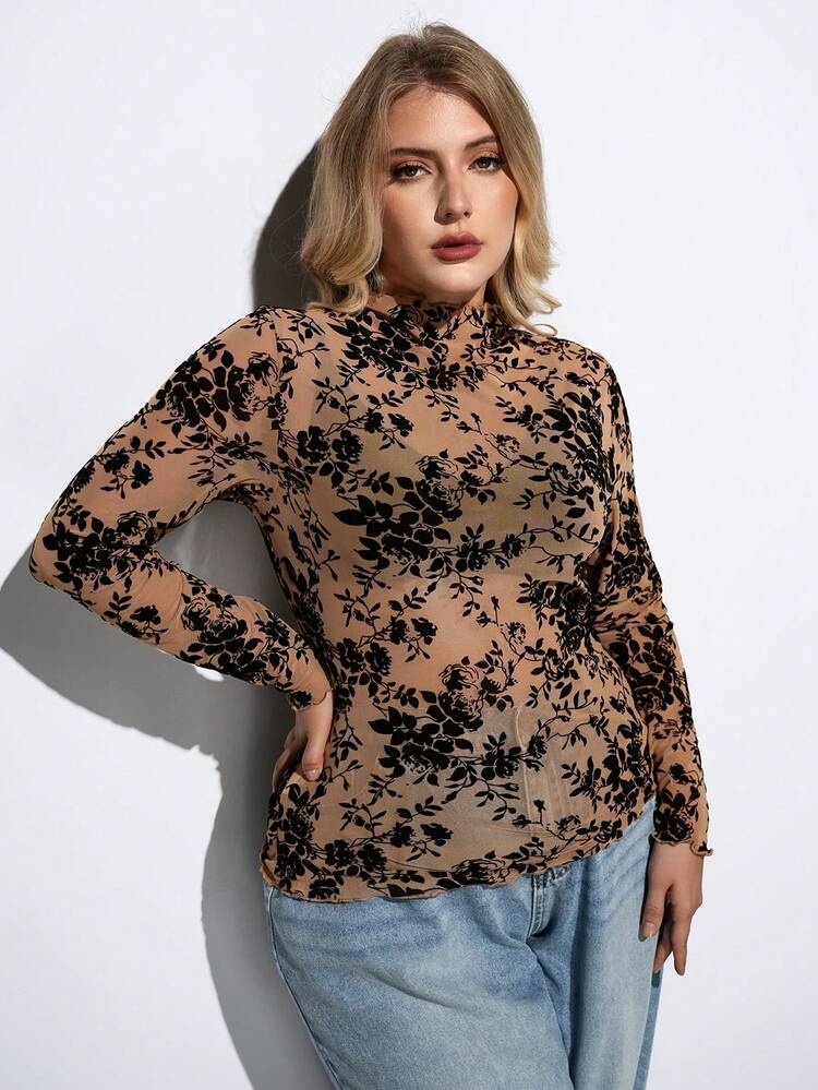 SHEIN Maija Oversized Floral Print Sheer High Neck Mesh Top (No Bra)/Winter