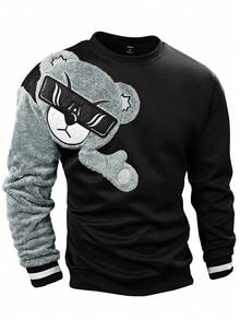 Manfinity Homme 宽松男士圆领落肩长袖休闲小熊图案套头卫衣，男士设计师卫衣，男士印花卫衣，男士奢华上衣，男士泰迪熊卫衣，男士圆领卫衣，适合日常休闲、周末旅行、户外活动、探险旅行、轻松的工作环境或半正式场合，也是送给男友/丈夫、周年纪念/生日、派对、圣诞节和新年等场合的理想礼物。 - 黑色 - 查看 4