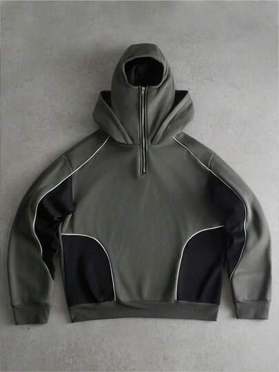 PAVTROS 男士撞色拉链设计休闲宽松连帽卫衣