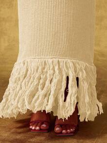 Vixey Fringe Hem Rib Waistband Maxi Sweater Skirt - Apricot - View 5