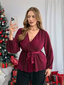 Vionelle 大码优雅法式浪漫圣诞新年酒红色褶皱A字腰带长袖V领衬衫，秋冬新年情人节圣诞节女士衬衫，优雅裹身式上衣，系带灯笼袖衬衫 - 酒紅色 - 查看 4