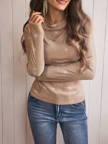 EMERY ROSE Women's Casual Solid Color Shiny Sequin Long Sleeve T-Shirt, Suitable For Autumn/Winter Home Wear - Champagne - View 7