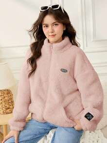 SHEIN 少女款纯色双面抓绒拼接领休闲外套