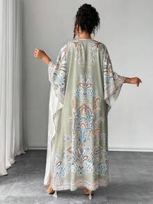 Elenzga 加大码蝙蝠袖圆领印花宽松连衣裙，适合度假和聚会 - 綠色 - 查看 2