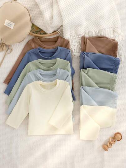 SHEIN Playful Pals 2pcs/Set Baby Boys' Casual Solid Color Round Neck Long Sleeve T-Shirt And Pants Set, 5 Packs, Suitable For Spring, Autumn And Winter