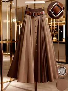 Franclia 女式高腰 A 字裙，撞色腰带，金属扣装饰，休闲通勤适用，秋冬