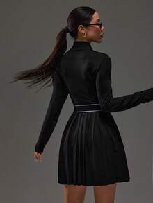 Dewbera Women's Sports Pleated Zip-Up Long Sleeve Dress Long Sleeve Tennis Dress Black Tennis Dress Women Tennis Dress Black Long Sleeve Tennis Dress - Black - View 2