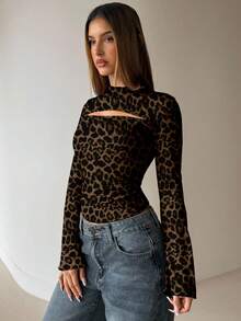 Aloruh 女士性感豹纹喇叭袖全包覆式T恤，适合秋冬季穿着 - 彩色 - 查看 6
