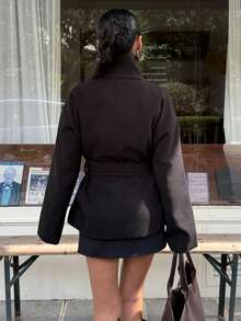 SHEIN EZwear Women's Warm Coat: Black Double-Button Closure, Belted High Waist & Wide Long Sleeves | Casual Drop Shoulder Style Women's Black Casual Coat For Autumn & Winter - High Collar, Belted Waist, Warm With Drop Shoulder & Wide Long Sleeves - Black - View 2