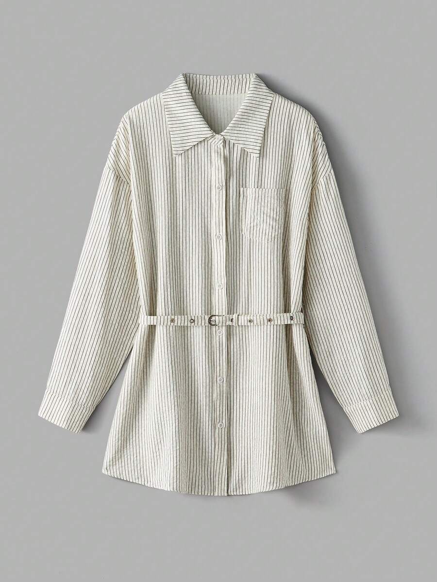 Muvela Women's Casual Striped Belt Shirt Essential Items For All Seasons: Retro Preppy Style, Versatile And Casual, Perfect For Everyday Outings, Old-Money Look, Intellectual Style. - Apricot - View 1