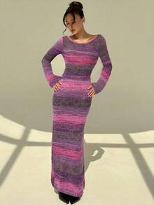 Aloruh Vestido Justo de Tricô Vintage Listrado Versátil Feminino para Outono/Inverno, Vestido Longo de Tricô Ajustado de Manga Longa com Costas Abertas Sexy - Rosa chiclete - Visão 5