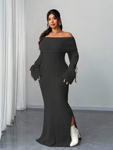 Elenzga 大码女式纯色露肩系腰毛衣连衣裙 - 黑色 - 查看 4