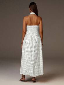 Athîral Women's Elegant Halter Polka Dot Print Halter Dress, Summer Polka Dot Dress,Polka Dot Dress - White - View 2