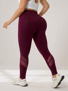 Auralis Quần legging tập yoga, quần legging tập yoga có túi, màu đỏ rượu vang cỡ lớn cho nữ, cạp cao, lưới vá, nâng cơ bụng, có túi bên hông, quần legging tập yoga, quần legging tập gym màu đỏ cho nữ có đường cong - Màu Đỏ Sâu - Xem 2
