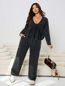 SHEIN EZwear Bộ 2 món áo babydoll cổ chữ V thường ngày cỡ lớn kèm quần ống rộng có dây rút dành cho nữ, Xuân/Thu - màu đen - Xem 5