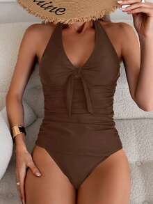 Swim Basics 女款細肩帶背心式分體泳衣，適合夏季海灘度假 - 咖啡棕 - 查看 4