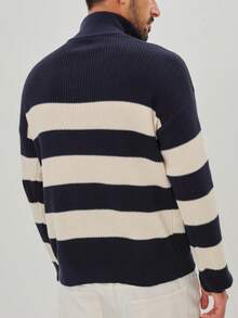 Manfinity CityGents 1/4 Button Placket Knit Sweater, Striped Turtleneck Sweater, Fashionable Men's Tops For Autumn/Winter, Great Gift For Boyfriend Cashmere Men S Clothing Winter Men Buttoned Knitted Polo
