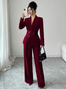 SHEIN Elenzya 女士优雅浪漫西装外套，腰部收紧，直筒裤，长袖，面料拼接 - 酒紅色 - 查看 6