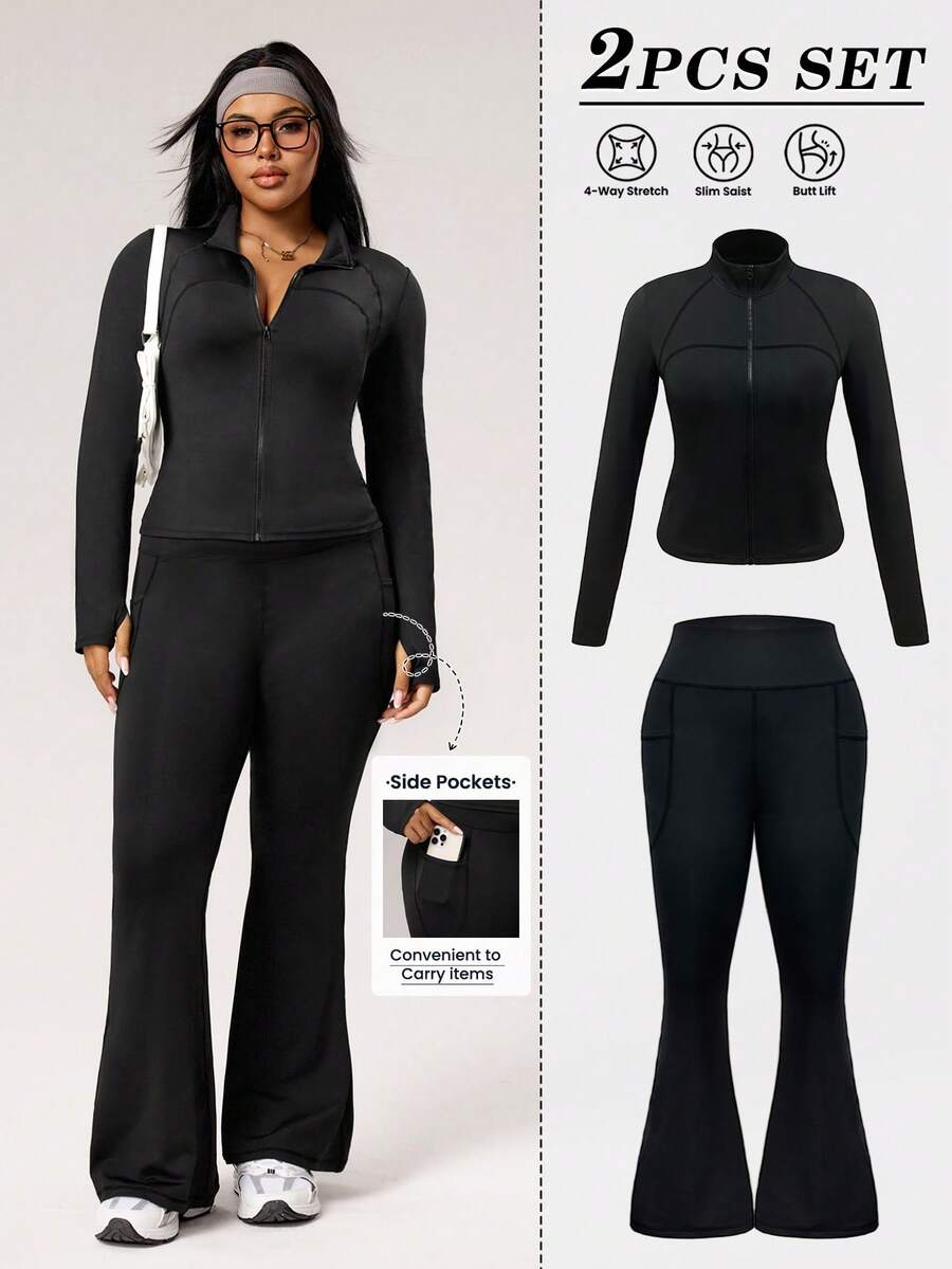 Rhythm Era Plus Size Women Solid Color Long Sleeve Zip-Up Jacket And Flare Pants Sports Suit Curve Athleisure Track Suit Plus Size Plus Active Wear Set
