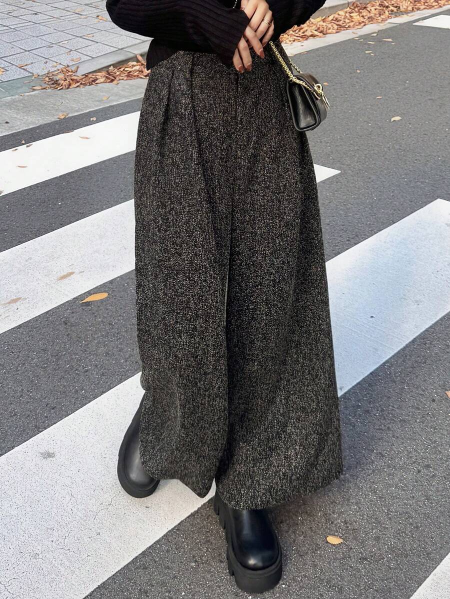 FRIFUL 女士纯色褶裥直筒宽松休闲裤,适合秋冬季穿着 - 黑色 - 查看 1