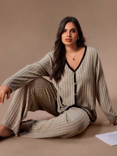 Lazeform 两件套休闲撞色不对称下摆柔软绒毛罗纹家居服套装