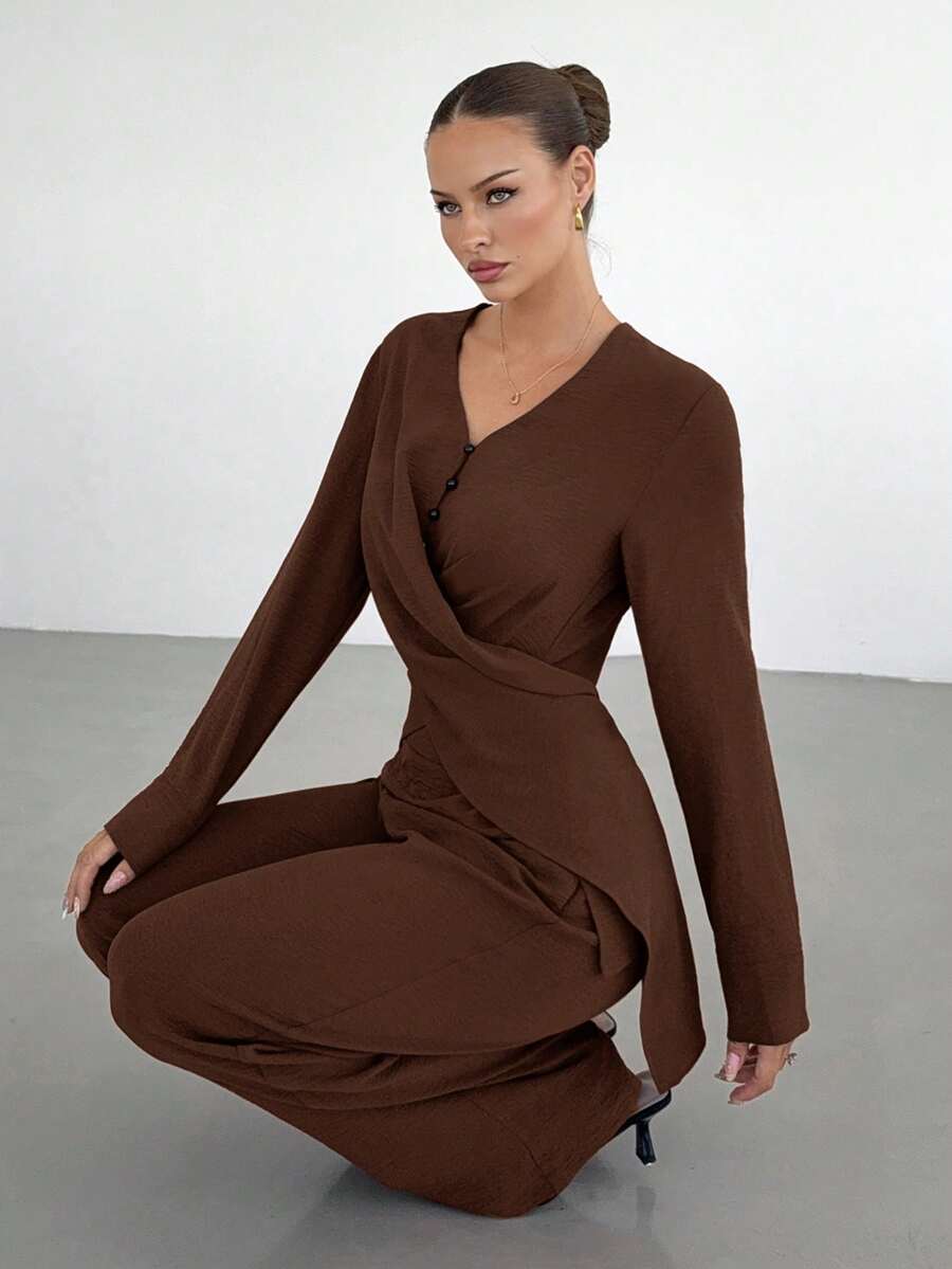 Siren Gaze 2pcs Women Elegant Dark Brown Pants Set,Overlapping Wrap Long Sleeve Top & Wide-Leg Pants Suit,French Office Style Autumn Outfit,Minimalist Clothes - Brown - View 1