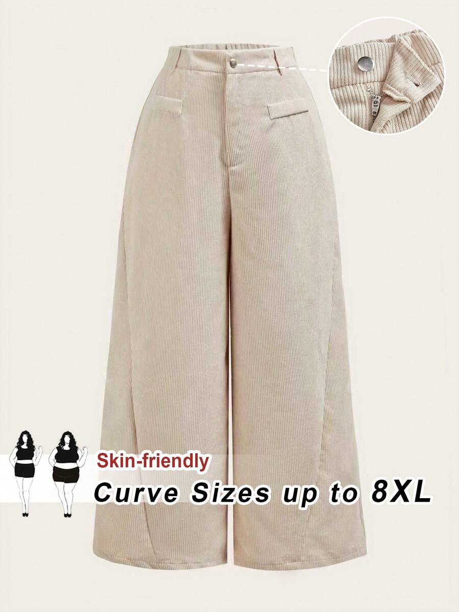 SHEIN CURVE+ 大码女式纯色复古简约日常灯芯绒罗纹裤，卡其色女裤，阔腿女裤/秋冬 - 杏色 - 查看 1