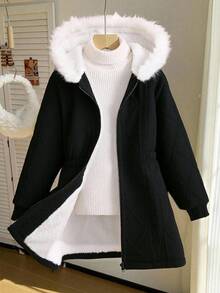 SHEIN Tween 女童休闲百搭百搭校园日常穿着保暖毛绒领中长款连帽针织夹克，秋冬 - 黑色 - 查看 7