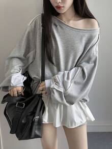 DAZY Women's Loose Fit Shoulder Cut-Out Color Block T-Shirt - Grey - View 2