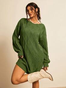 Freevana Rochie de damă verde în carouri, cu mânecă lungă, casual, tricotată, stil country western, mărime plus, toamnă/iarnă - Verde Armată - Vizualizare 4