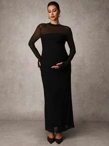 MaterniChic 秋季孕妇撞色网纱拇指孔连衣裙 - 黑色 - 查看 7