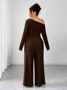 Elenzga Plus Size Casual Asymmetric Top And Pants 2 Pieces Set, Autumn