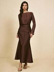 Poéselle Vestido de manga larga con cintura ceñida de unicolor elegante para mujeres - Marrón - Ver 2
