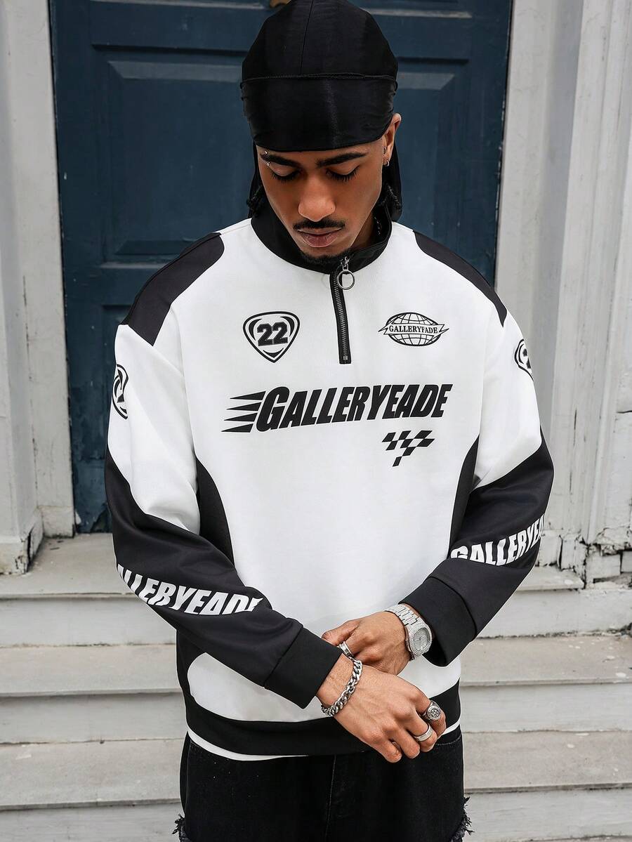 GALLERY FADE 男士休闲撞色拼接字母印花卫衣，秋冬男士街头风拉链图案卫衣 - 黑色 - 查看 1