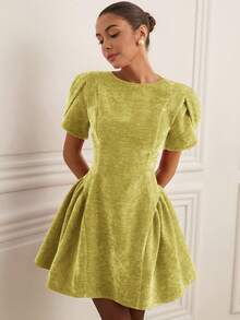 Revavyn Tulip 3D Short Sleeve Round Neck Hem Split Puff Skirt Mini Princess Dress For Women - Yellow - View 4