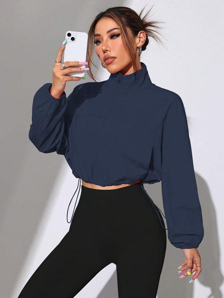 SHEIN Dewbera Women's Solid Color Zip Front Drawstring Hem Woven Sports Jacket - Navy Blue - View 1