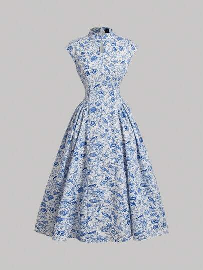 SHEIN MOD New Chinese Style Blue Floral Dress With Buckle Decoration, Teacher Dress, Autumn Dress, Back To School Clothing,Homecoming Dresses,Homecoming Dresses,Date Night Dress,Blue Women Dresses