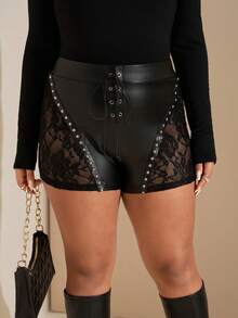 SHEIN Tall CURVE 大码女式休闲街头性感Y2K辣妹风日常约会生日派对蕾丝拼接PU铆钉装饰前中假门襟和孔眼装饰黑色PU裤超短裤紧身迷你裤女式短裤-B 女式皮质短裤系带短裤黑色皮质短裤系带皮质短裤 - 黑色 - 查看 4
