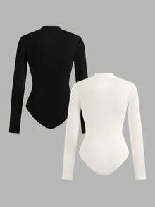SHEIN EZwear 两件套女士拉链蝴蝶结刺绣连体衣套装，舒适休闲长袖高领连体衣，适合外出、搭配服装，简约舒适，时尚别致 - 黑與白 - 查看 2