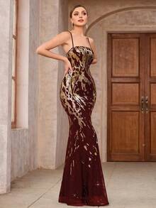 SHEIN Belle Váy hai dây in họa tiết sequin bó sát dự tiệc cho trang phục dự tiệc ngày lễ dành cho nữ - Màu Đỏ Sâu - Xem 5