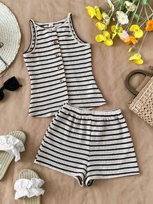 Travachic KIDS Tween Girl Vacation Casual Knit Striped Camisole And Elastic Waist Shorts Set - Black and White - View 6