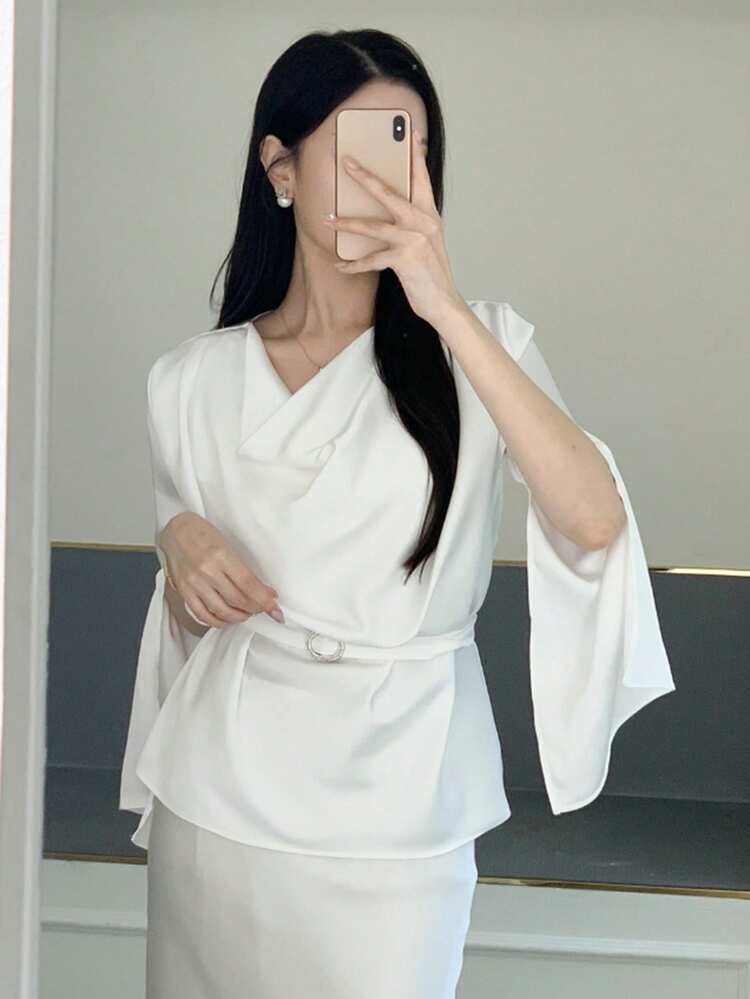 Women's Elegant Satin Ruffle Collar Shirt With Waist Tie And Puff Sleeves Long Sleeve