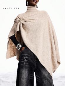 LYSMO 2025 New Arrive Minimalism Winter Women's Solid Color Turtleneck Loose Asymmetrical Hem Knit Sweater - Camel - View 1