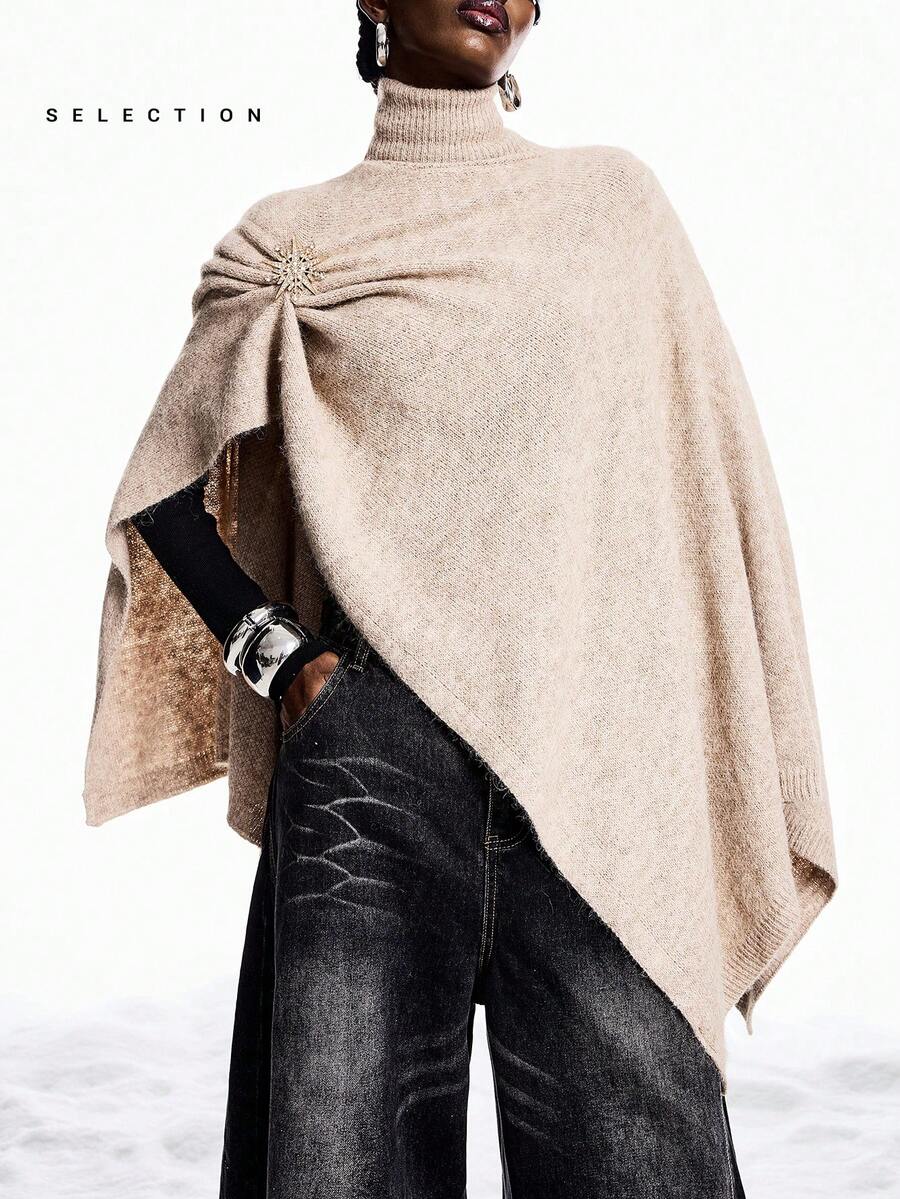 LYSMO 2025 New Arrive Minimalism Winter Women's Solid Color Turtleneck Loose Asymmetrical Hem Knit Sweater - Camel - View 1