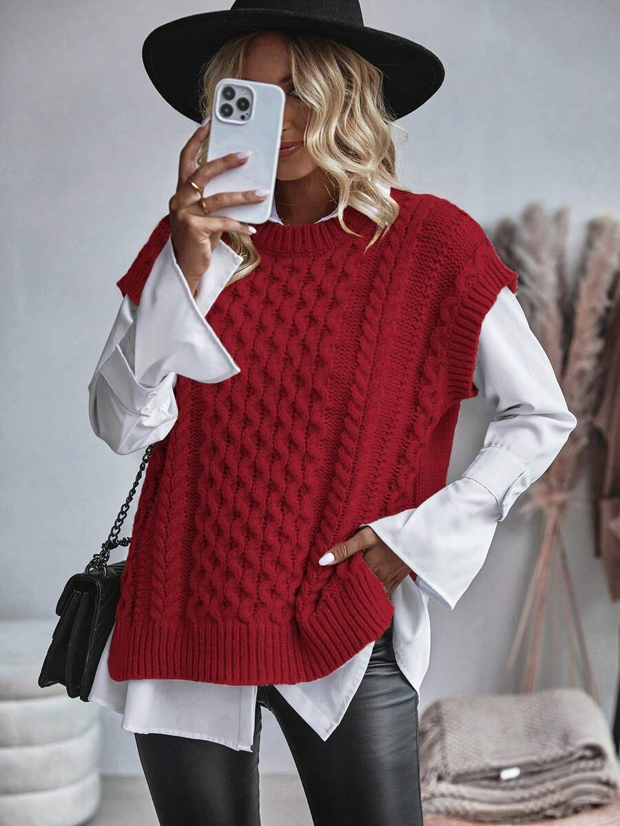 LanaWest Women Solid Color Round Neck Loose Casual Knit Sweater Vest, Autumn/Winter For New Year Clothes, Christmas - Red - View 1
