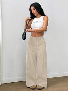 SHEIN LUNE 女士纯色抽绳假口袋休闲裤，秋季款 - 卡其色 - 查看 5